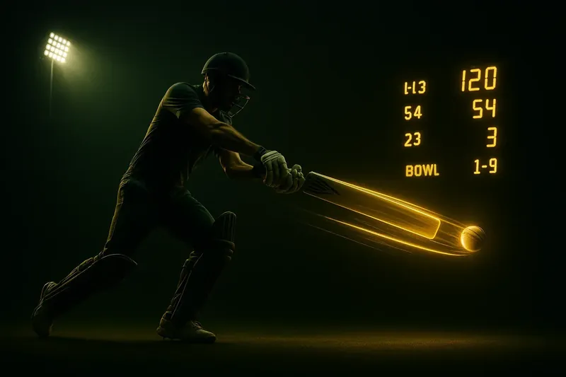 Dynamic Cricket Action Cricket athlete in motion with neon trail under stadium floodlights