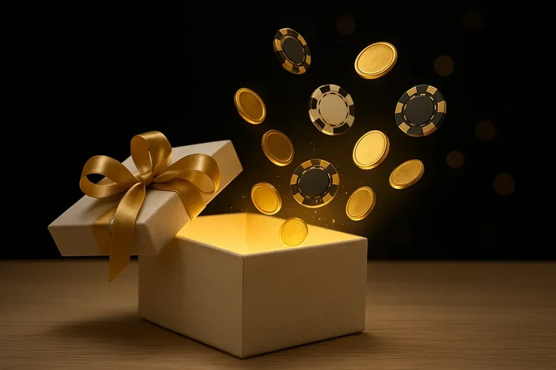 Premium gift box opening with gold light, casino chips and coins