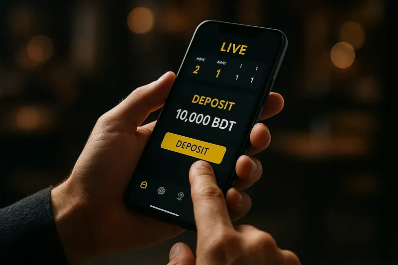 Man typing on smartphone casino app with taka deposit confirmation