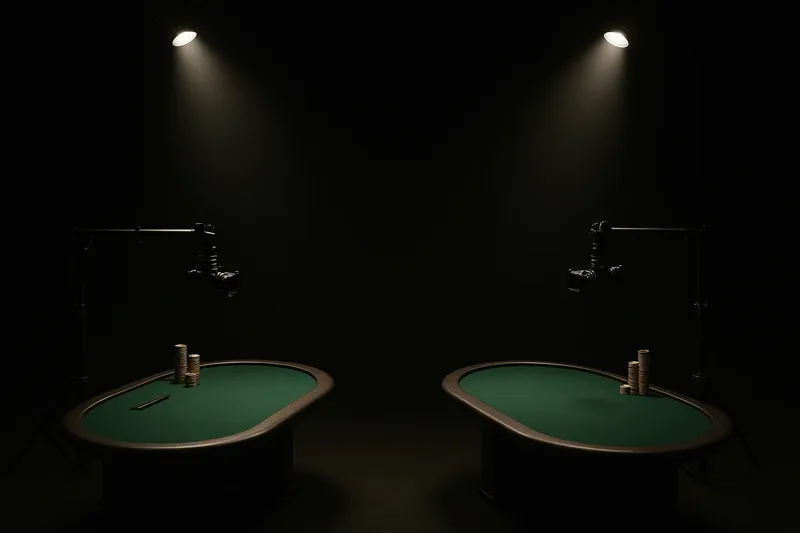 Overhead live casino studio with dealer tables, cameras, green felt