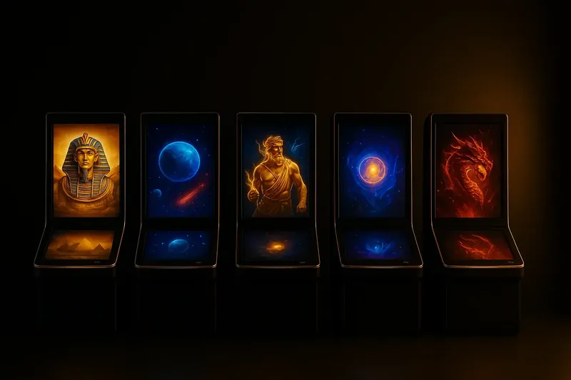 Five vivid video slot screens with neon lighting and themed visuals